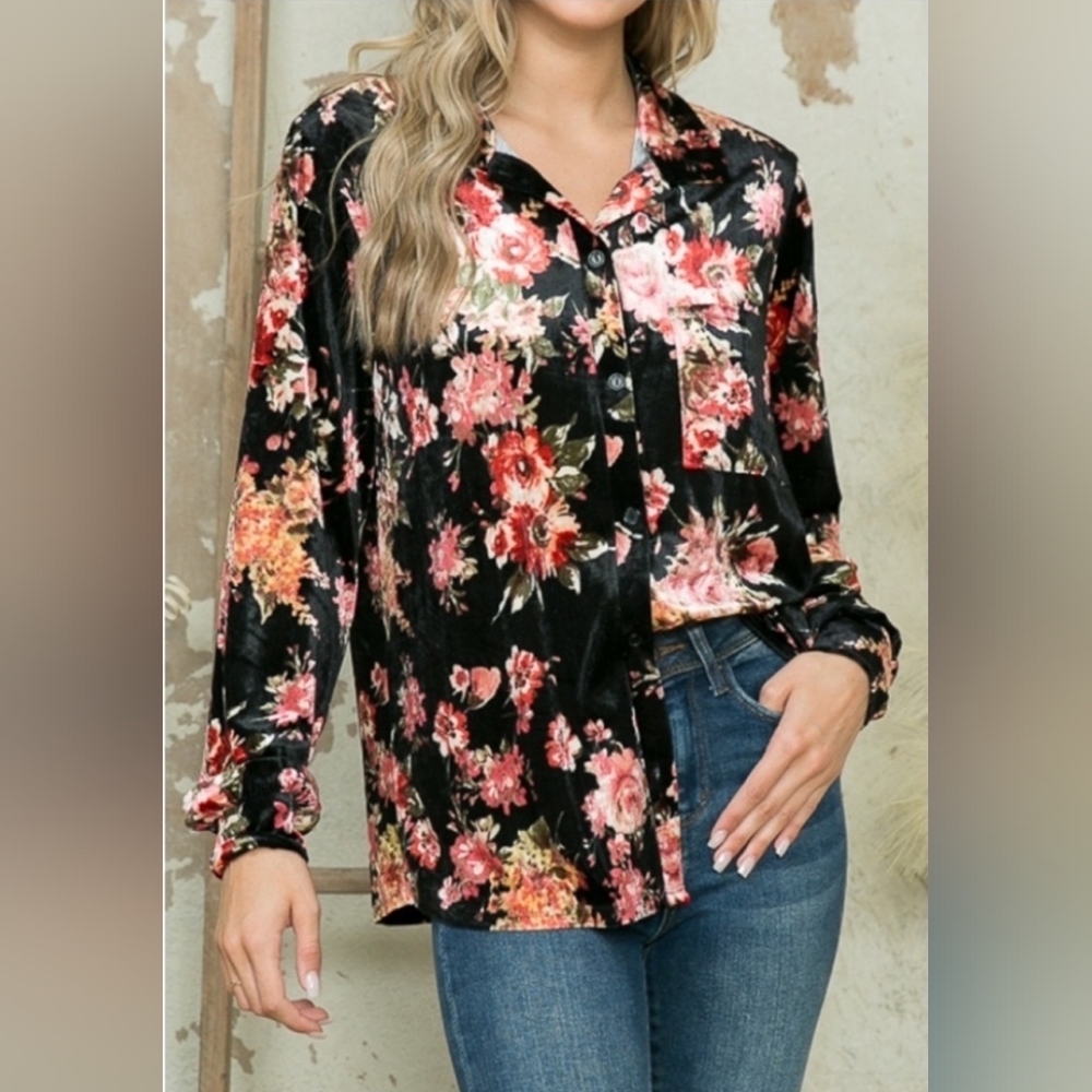 Velvet Button Up with Floral Pattern - Picture 1 of 4
